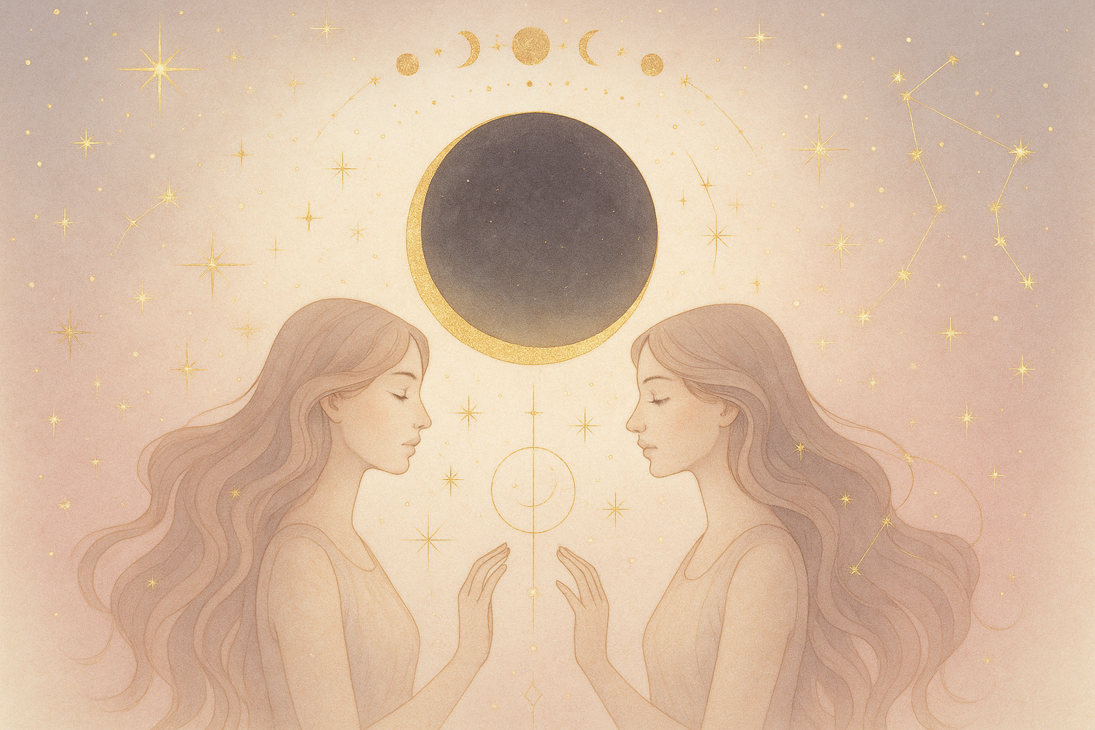 Ilustração etérea de astrologia em tons pastéis com detalhes dourados, atmosfera mística e sonhadora.