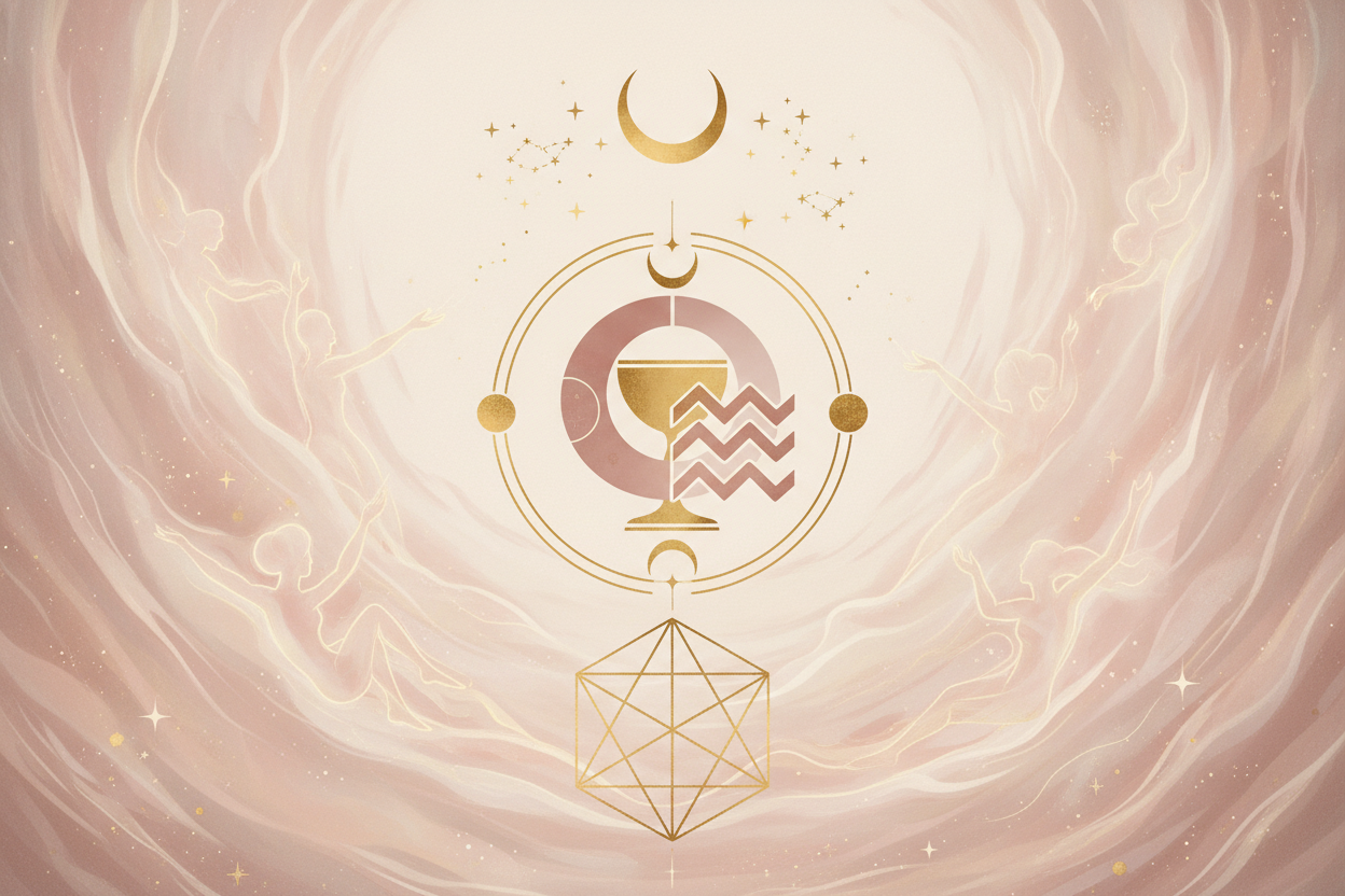 Ilustração etérea de astrologia da Nova Era, com o símbolo de Plutão no signo de Aquário, energias cósmicas e silhuetas de mulheres, representando autoconhecimento e transformação.