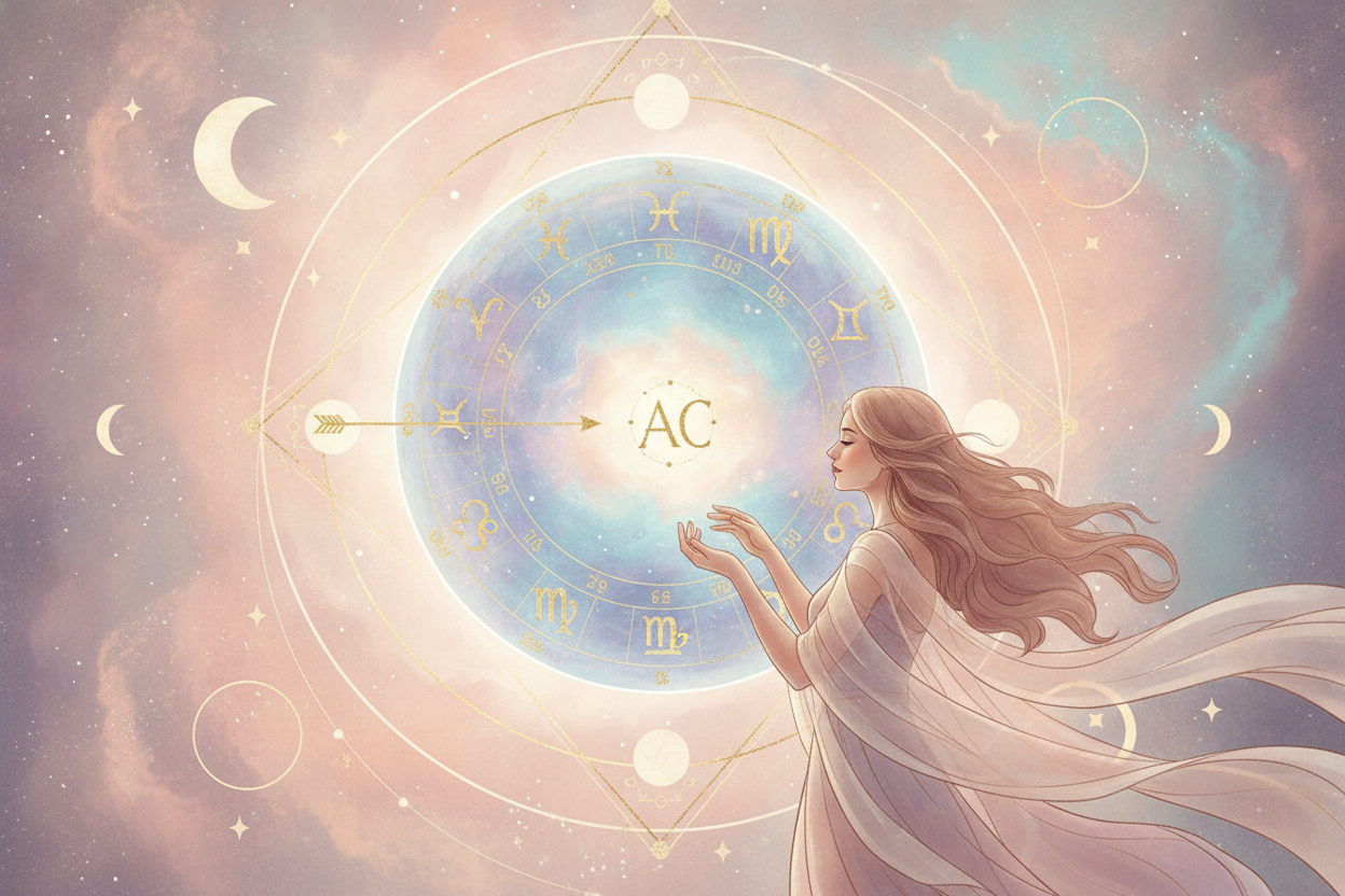 Ilustração etérea de astrologia Nova Era, com uma mulher olhando para uma esfera celestial luminosa, rodeada por signos zodiacais e poeira cósmica, em tons pastel e dourado, evocando misticismo e sonho. Simboliza a busca pelo autoconhecimento e o despertar astrológico.