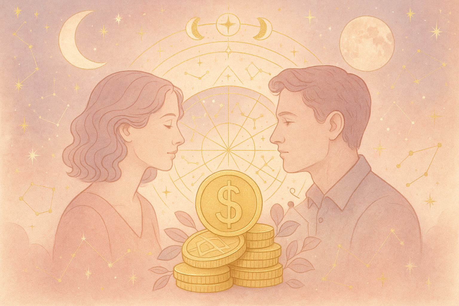 Ilustração etérea de astrologia nova era com cores pastel e detalhes dourados, simbolizando finanças e conexão entre mapas
