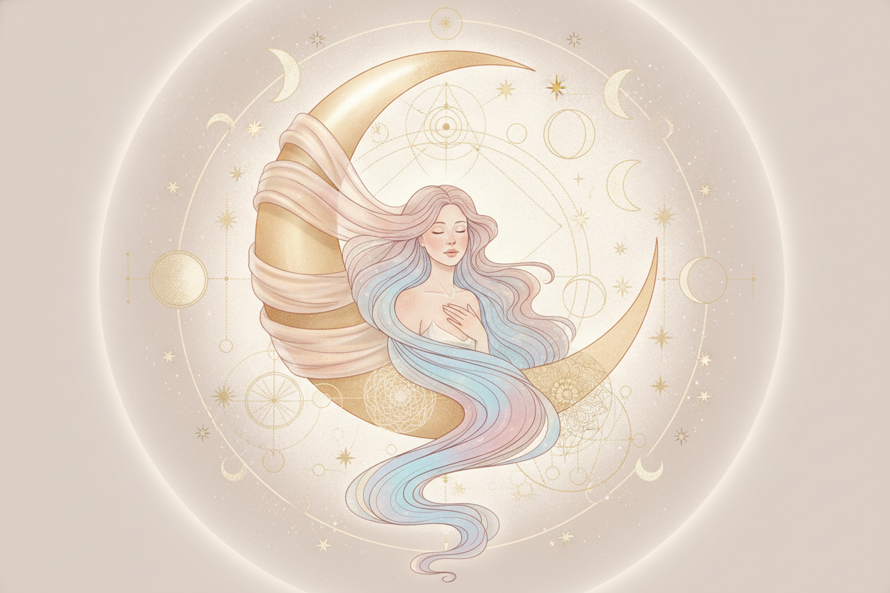 Ilustração etérea e mística da Lua em um mapa astral, com tons pastel, detalhes dourados e uma figura feminina em contemplação.