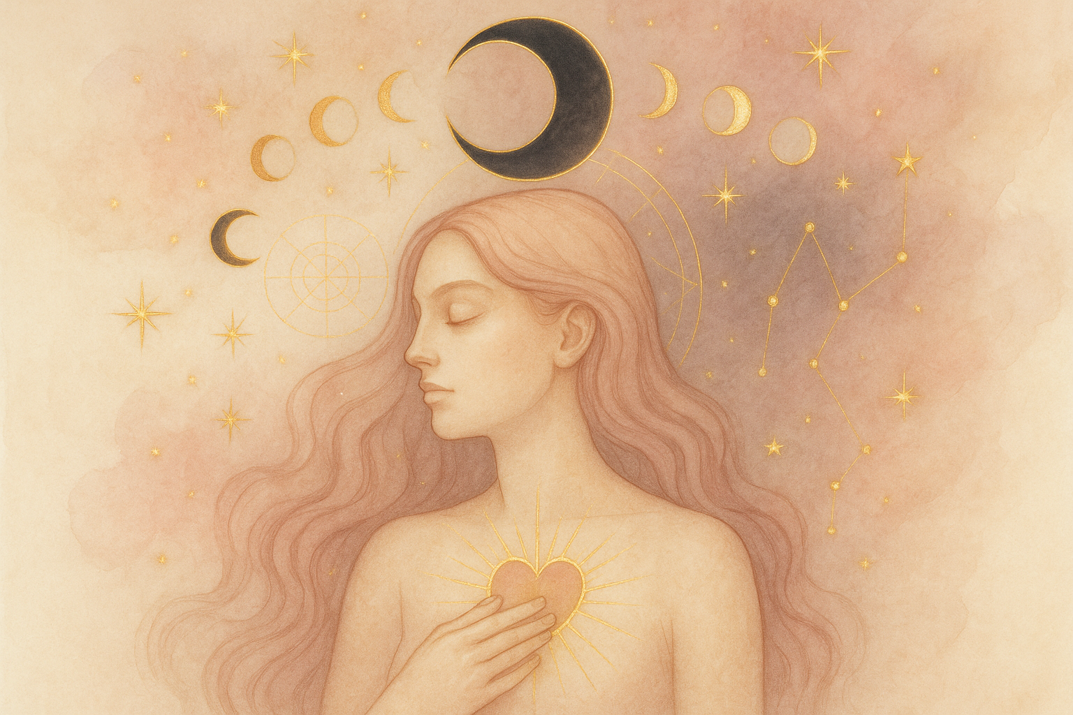 Ilustração etérea Nova Era mostrando Lilith como lua escura ao lado de um mapa natal em tons pastéis e dourados, energia feminina.