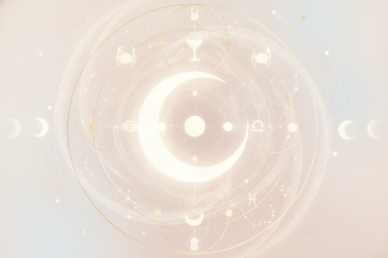 Ilustração etérea de astrologia Nova Era com uma mulher observando um mapa astral sob a luz de uma lua cheia, em tons pastéis com detalhes dourados, transmitindo misticismo e sonho. Simboliza o despertar emocional e o autoconhecimento.