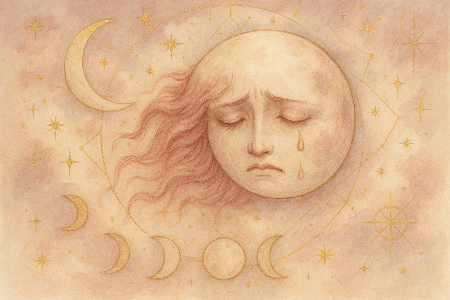 Ilustração etérea de astrologia Nova Era com tons pastéis, elementos lunares e detalhes dourados, estilo místico e suave