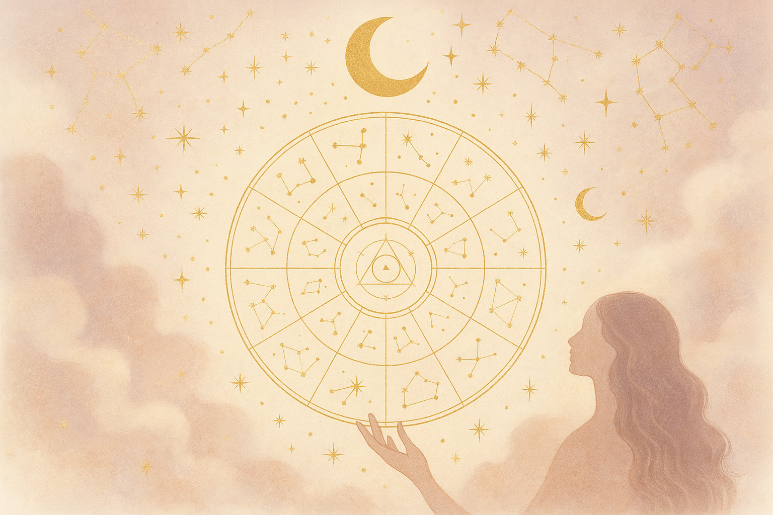 Ilustração etérea de mapa astral com elementos místicos e cores suaves, simbolizando o despertar do propósito de vida.
