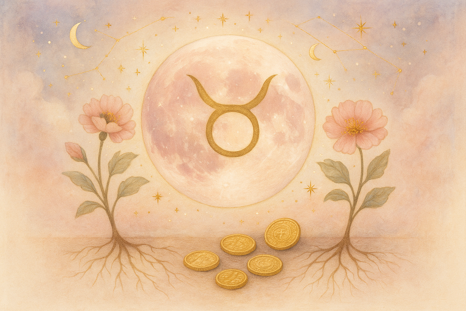 Ilustração etérea new age com tons pastel e detalhes dourados, representando a Lua em Touro, energia sensorial e ancoragem financeira.