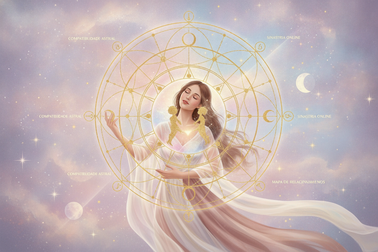 Ilustração etérea de mapa astral do amor online com mãos se tocando, estrelas e mandalas em tons pastel e dourado, representando a jornada afetiva.