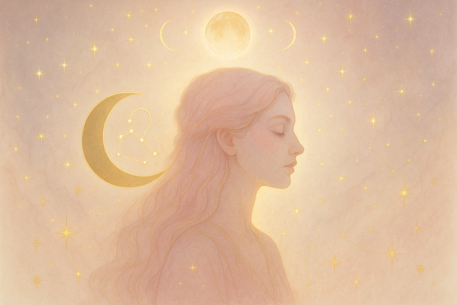 Ilustração etérea nova era: lua em Leão, cores pastéis suaves, detalhes dourados, aura brilhante e feminina, atmosfera mística e onírica.