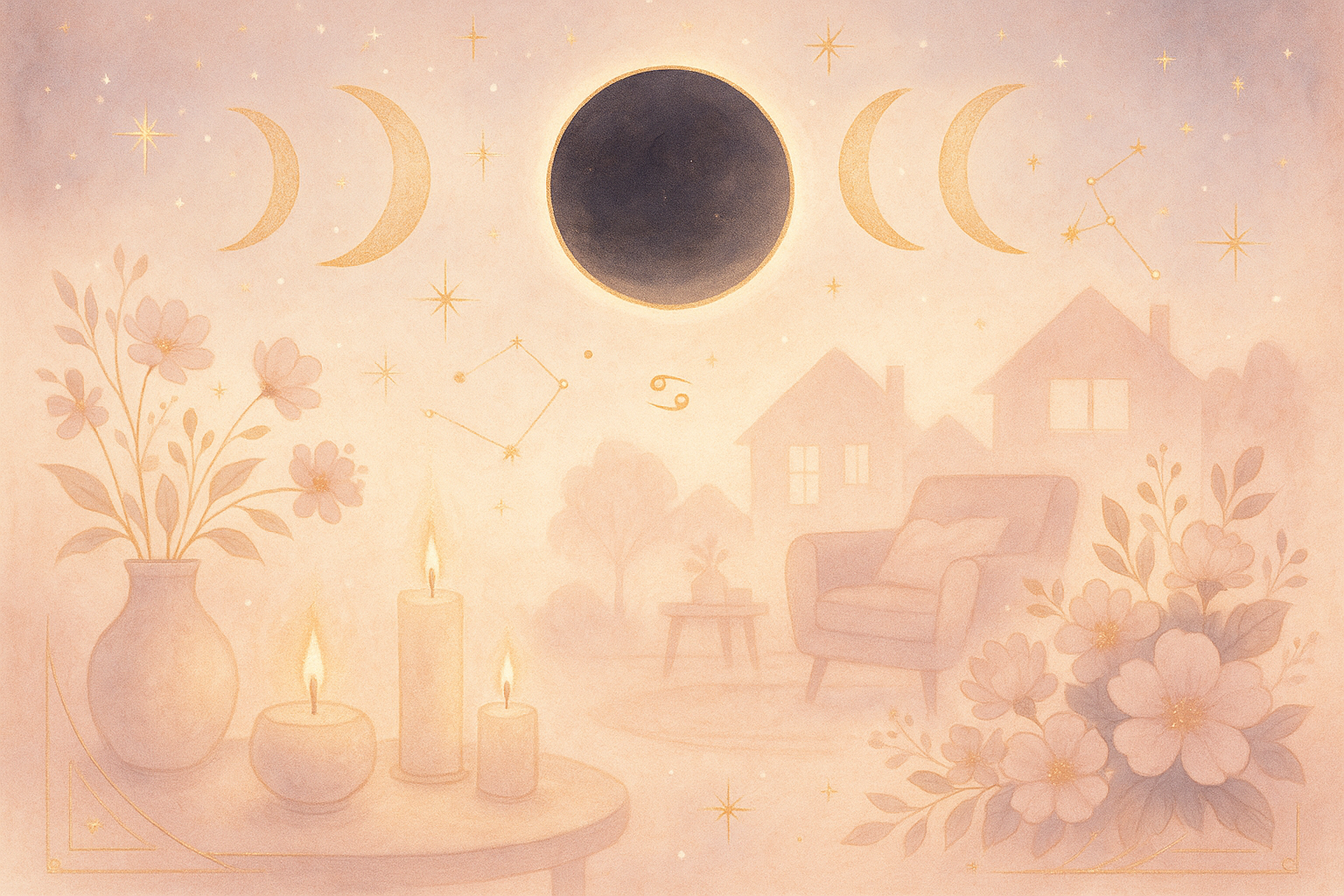 Ilustração etérea em tons pastel com símbolos astrológicos de Câncer, casa e lua, atmosfera mística e acolhedora
