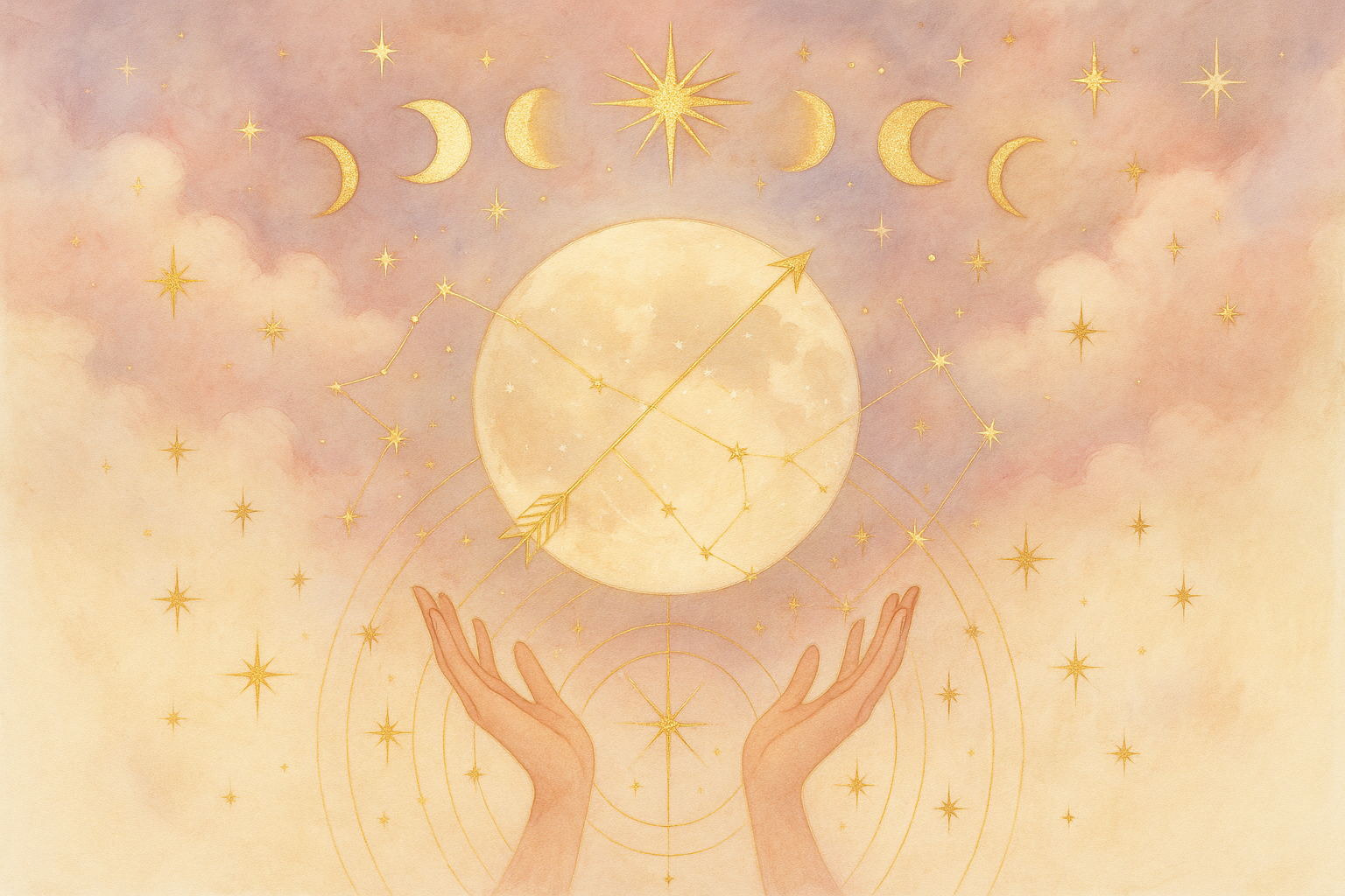 Ilustração etérea estilo nova era com pastel suave, detalhes dourados e elementos lunares, atmosfera mística e sonhadora (sem texto).