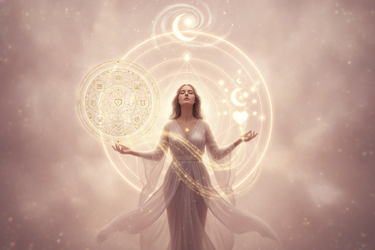 Ilustração etérea e mística de um mapa astral aberto com símbolos astrológicos em tons pastel e dourado, emanando luz, representando o Mapa da Alma da Astrologia da Nova Era.