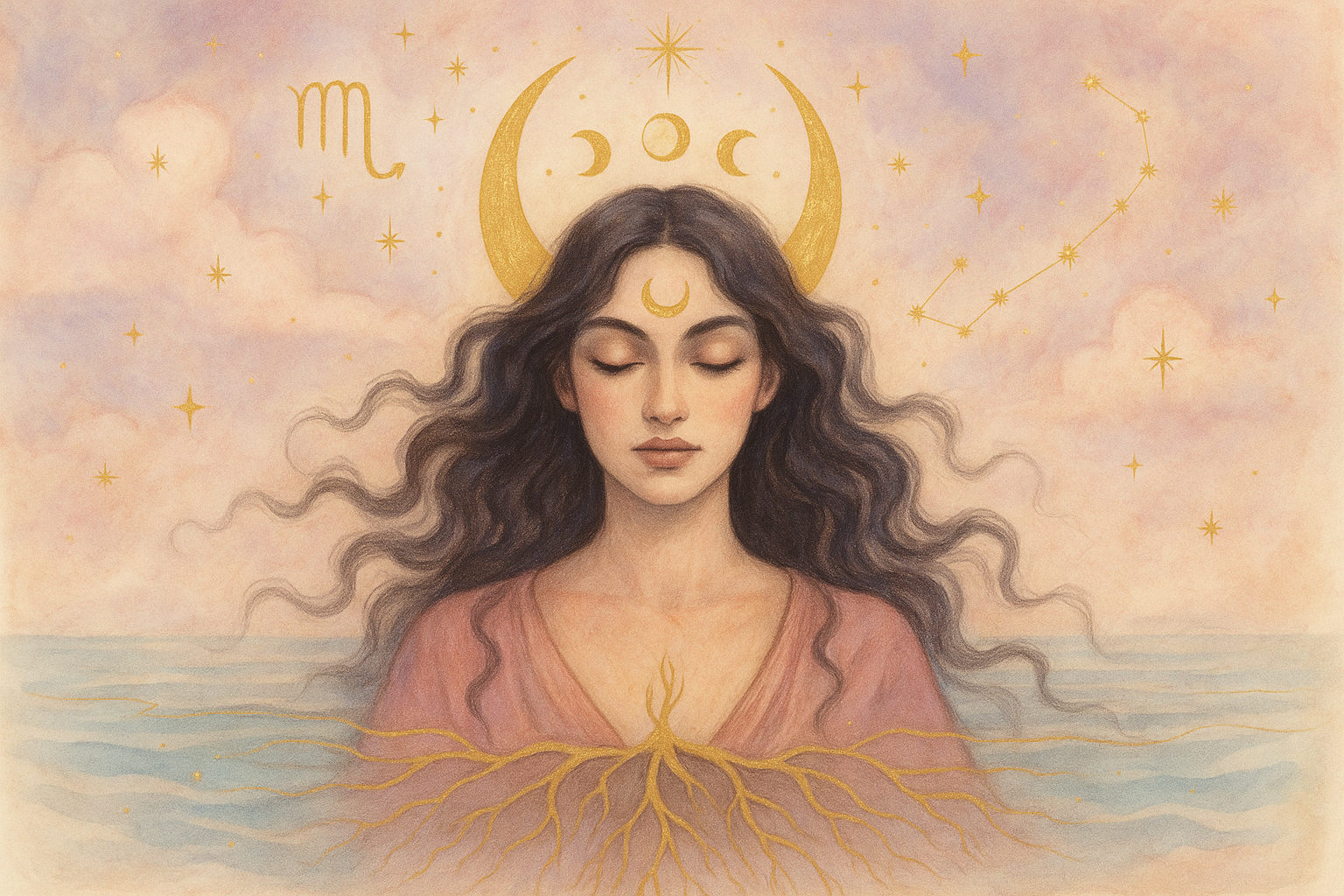 Ilustração etérea de astrologia nova era em tons pastéis e dourado, sugerindo Lua em Escorpião hoje e transformação emocional.