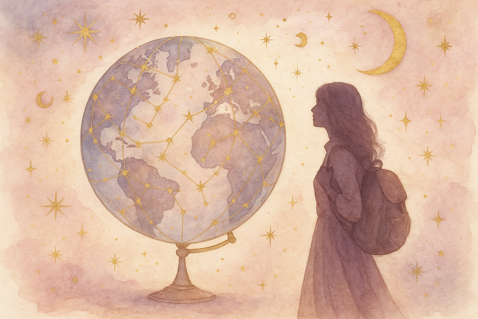 Ilustração etérea new age com símbolos astrológicos, tons pastéis e dourado, evocando viagem e moradia no exterior