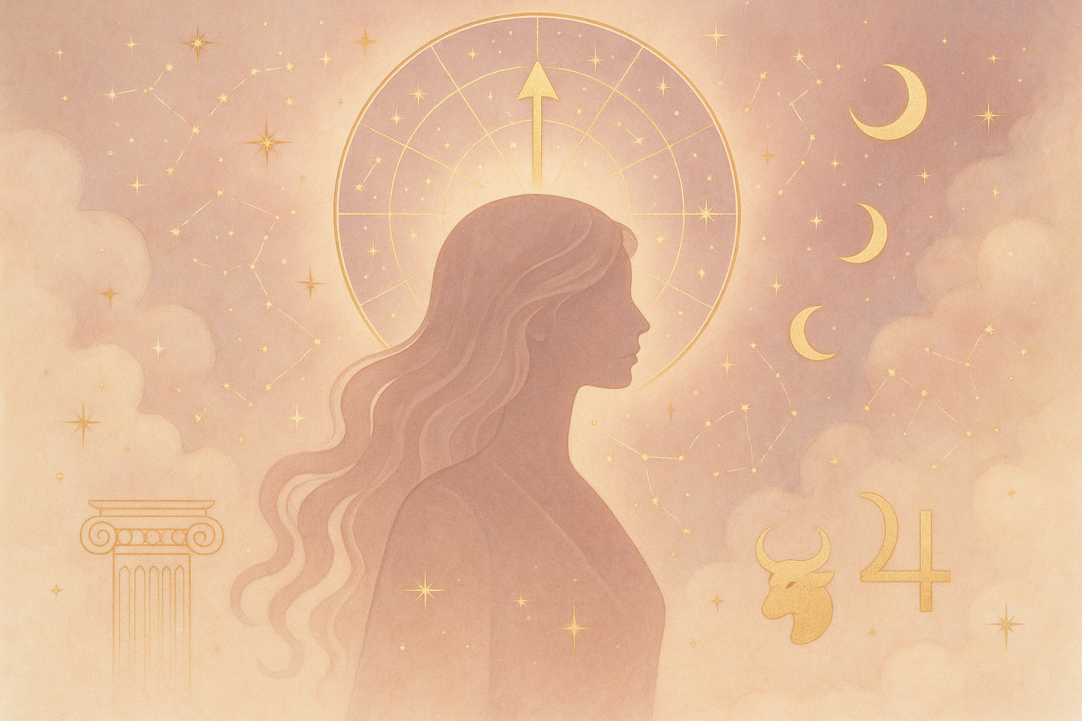 Ilustração etérea de astrologia nova era em tons pastéis e dourado, simbolizando ascendente, casas e trânsitos para carreira.