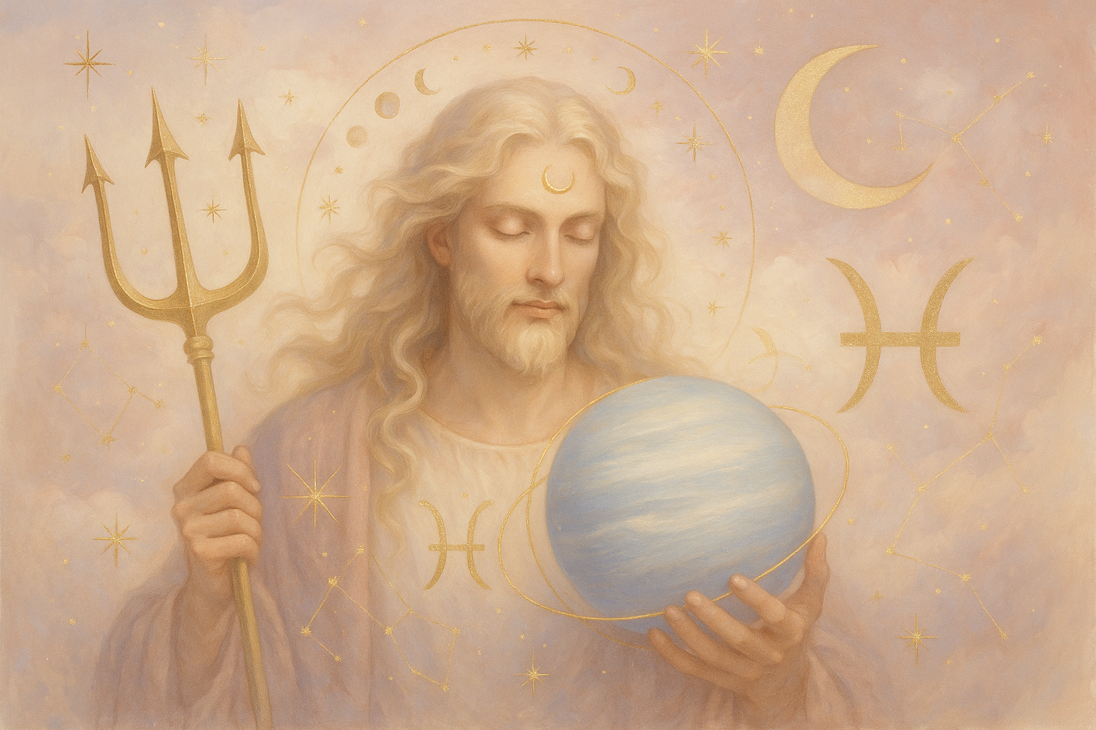 Ilustração etérea em tons pastel com símbolos astrológicos e toques dourados, atmosfera mística e suave, sem texto.