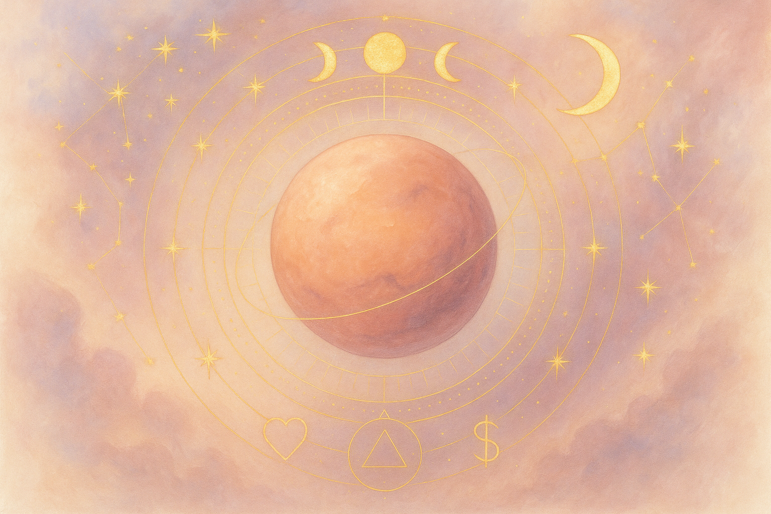 Ilustração etérea New Age com planetas em tons pastel e detalhes dourados, constelações delicadas e sensação mística e feminina