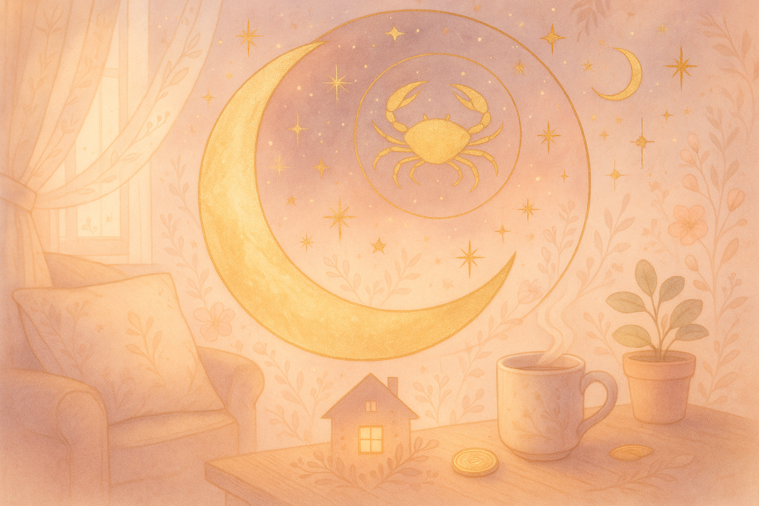 Ilustração etérea New Age da Lua em Câncer sobre uma casa acolhedora, cores pastel e detalhes dourados, atmosfera mística.