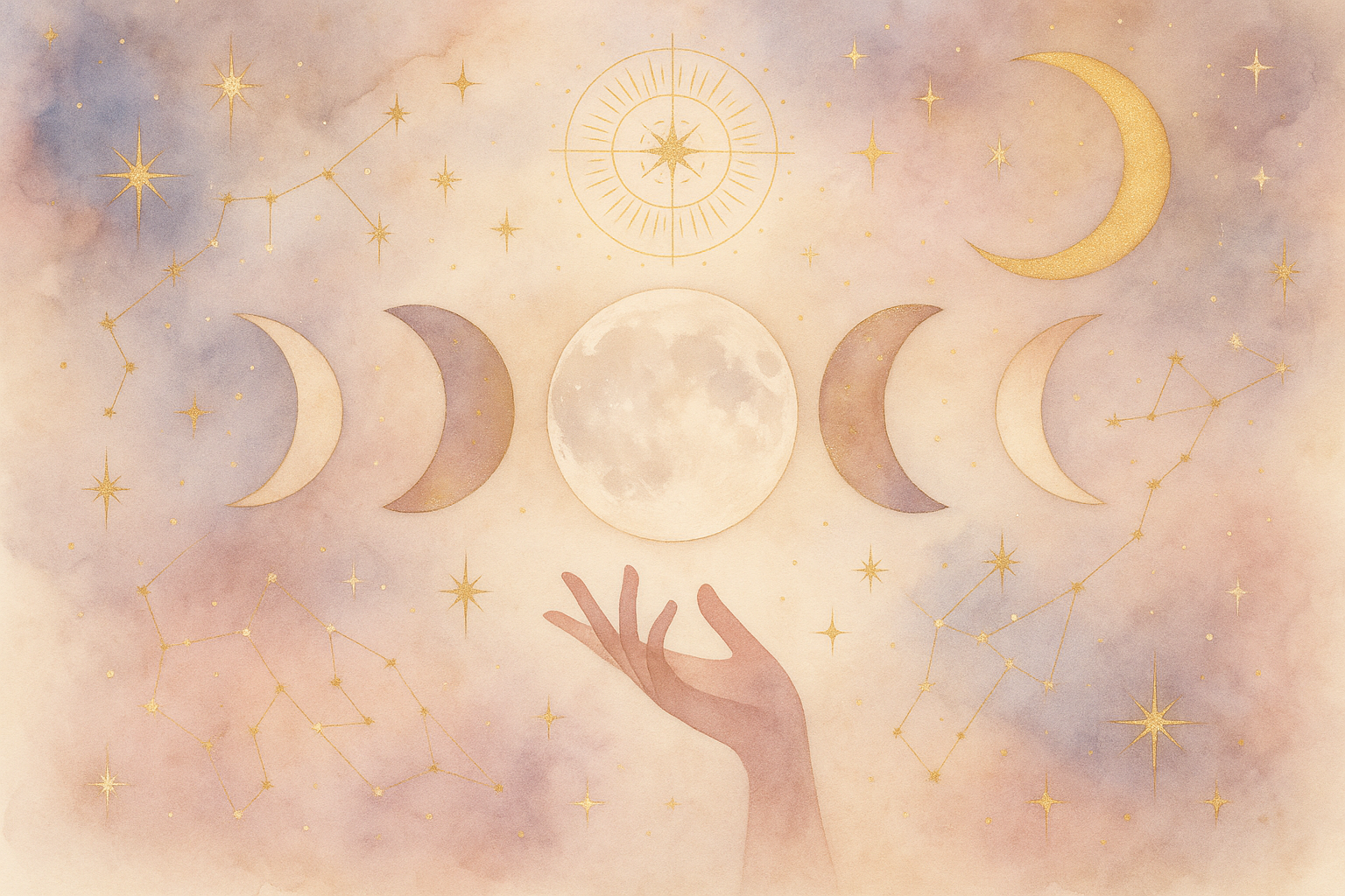 Ilustração etérea Nova Era: Lua em tons pastéis com acentos dourados e elementos místicos, sem texto.
