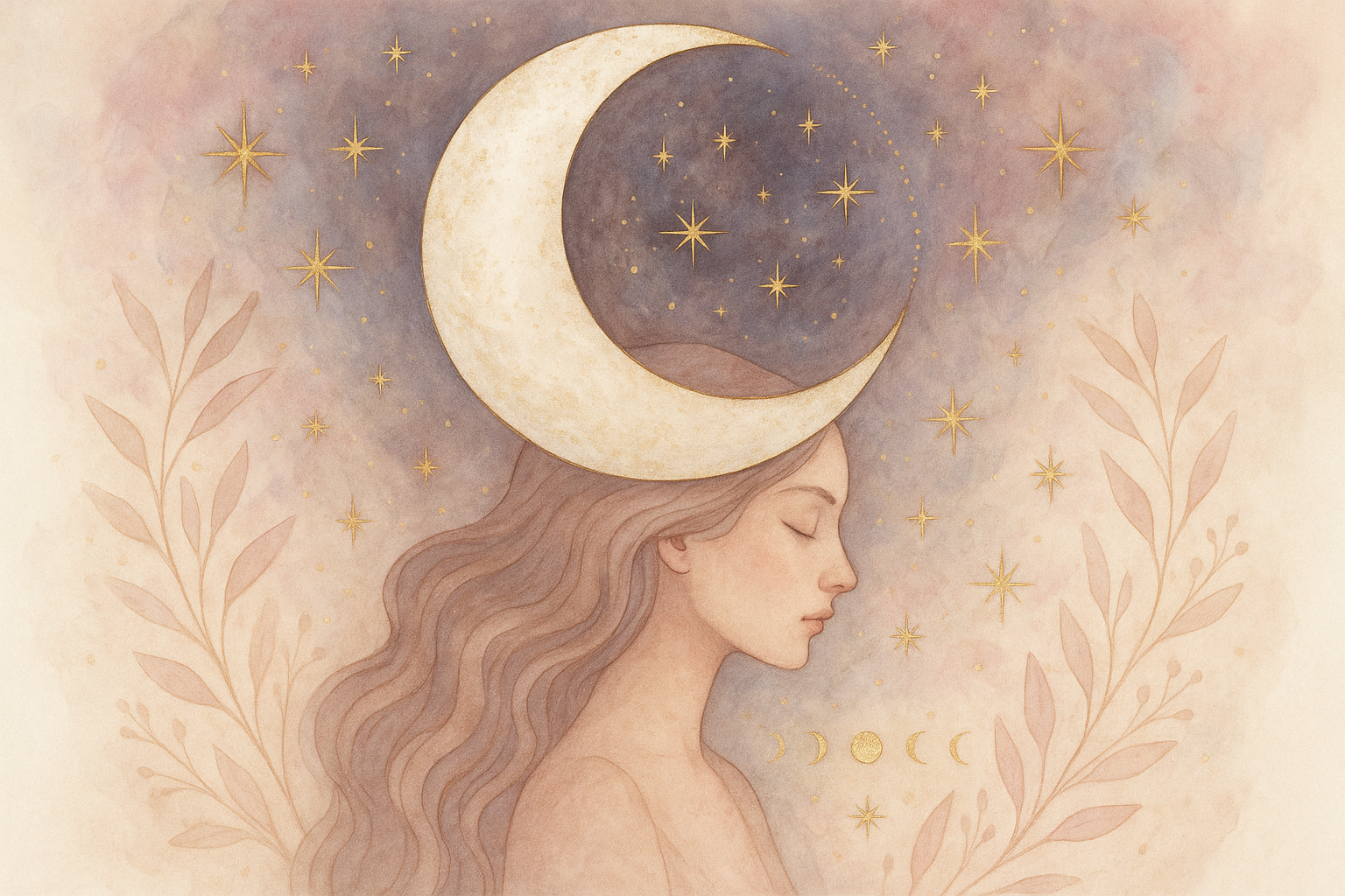 Ilustração etérea nova era com a Lua minguante em tons pastel suaves, detalhes dourados e elementos botânicos, atmosfera meditativa e feminina.
