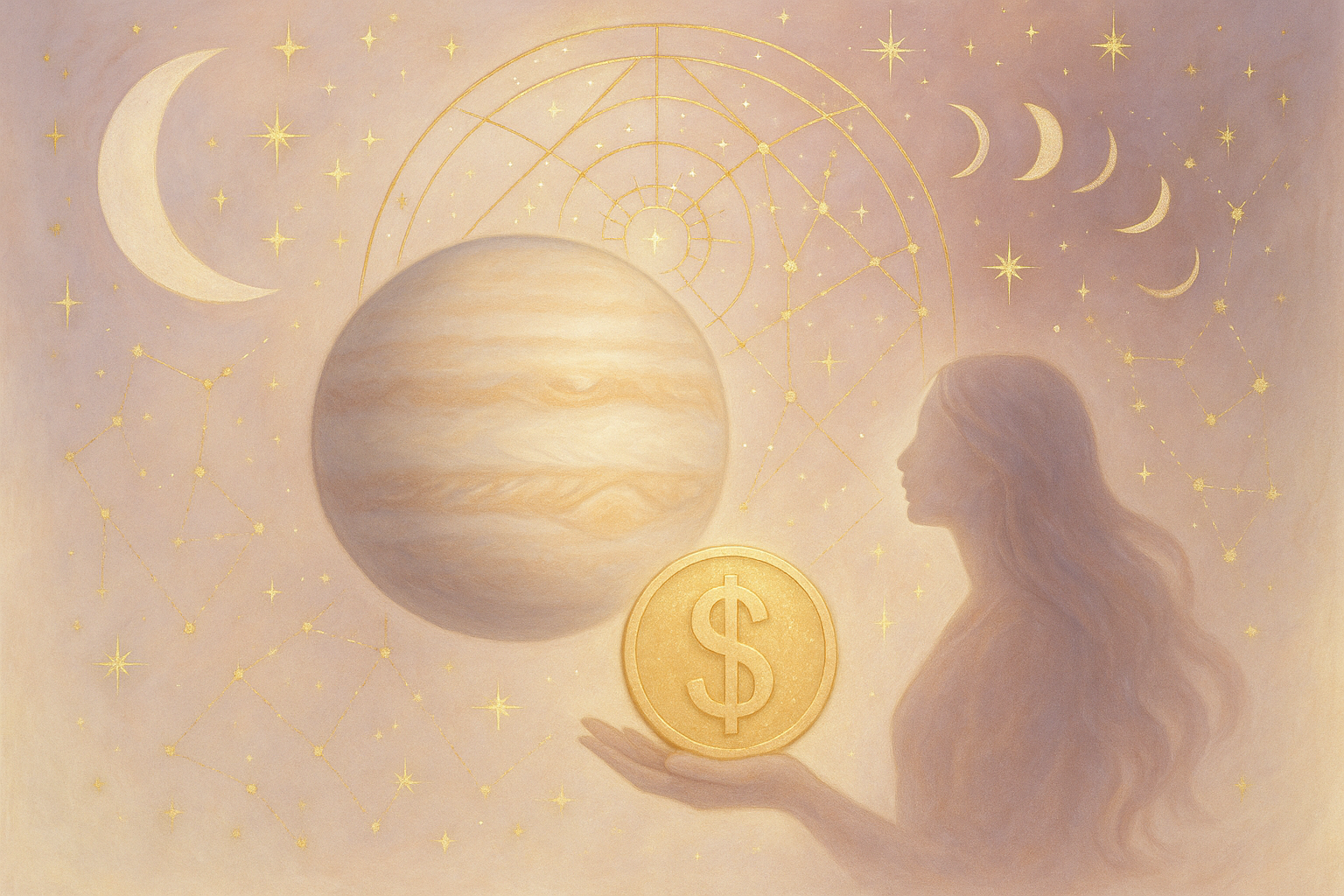 Ilustração etérea new age com símbolos astrológicos, tons pastéis e detalhes dourados, feminina e sonhadora (alt text).
