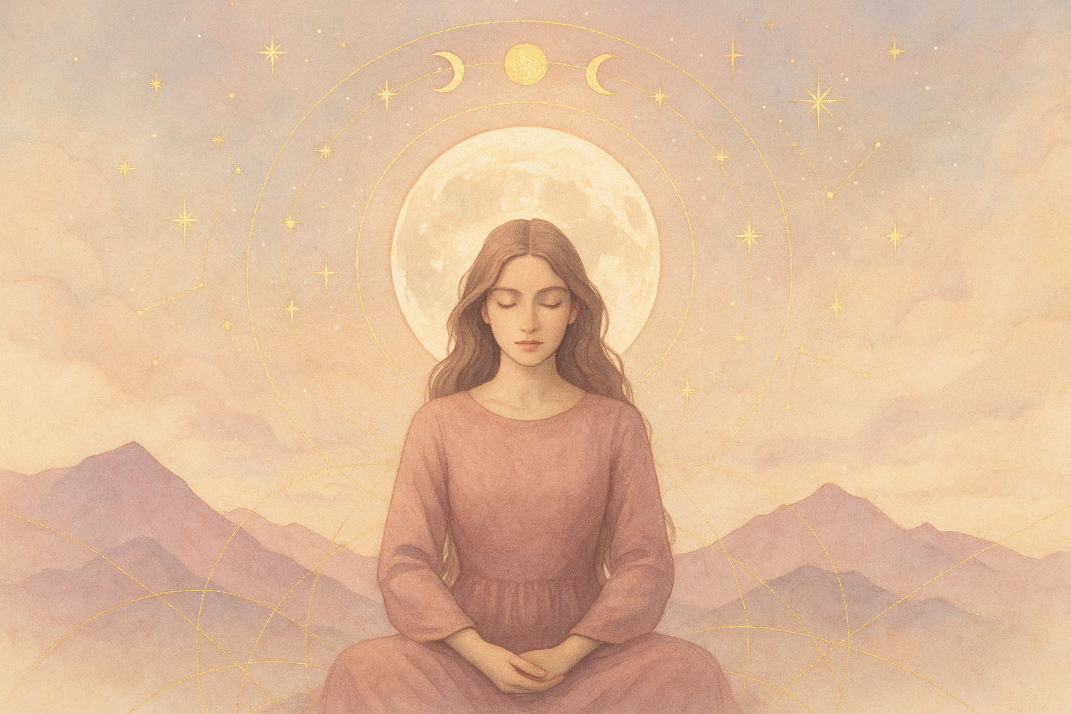 Ilustração etérea nova era: mulher ancorando sob halo lunar, silhuetas de montanhas e linhas geométricas em tons suaves