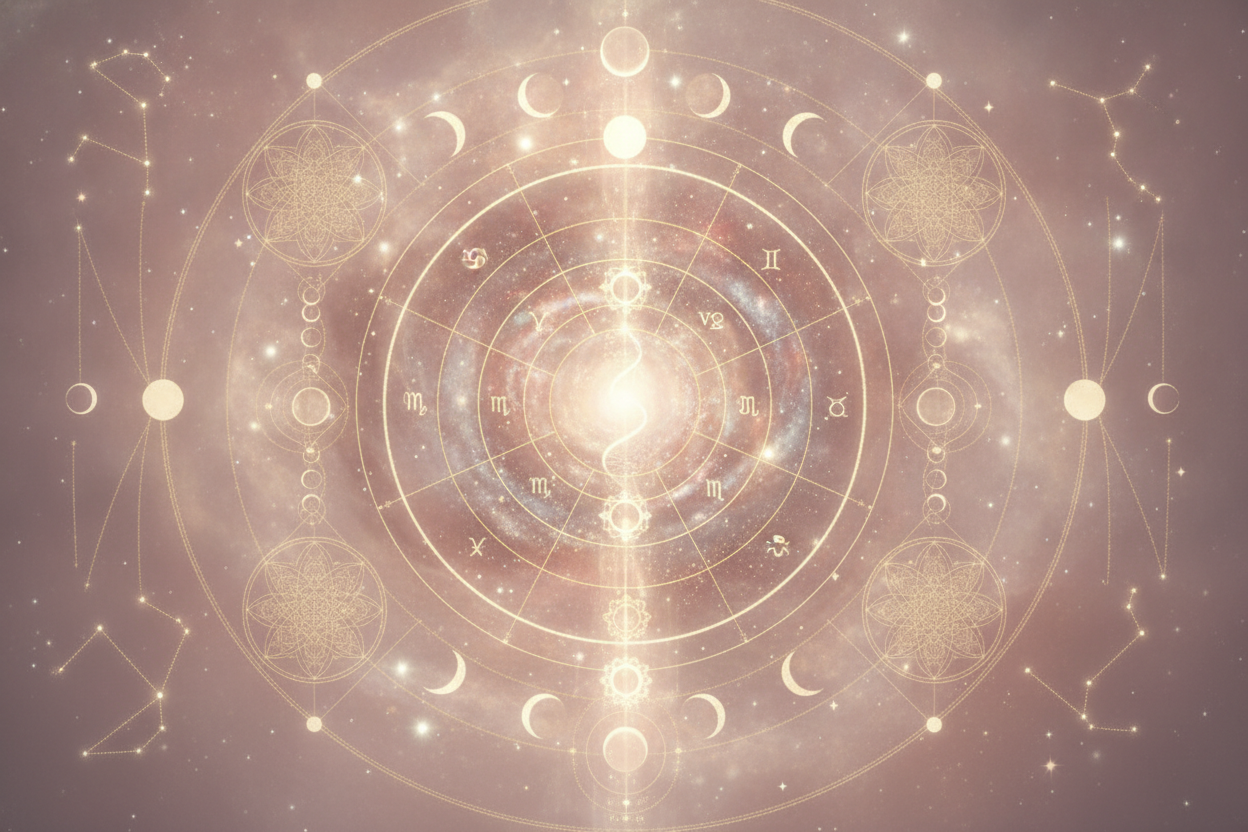 Ilustração etérea de um mapa astral completo com elementos quânticos e espirituais, cores suaves, linhas de energia douradas e uma figura feminina em meditação, simbolizando a cocriação da realidade e a elevação da frequência.