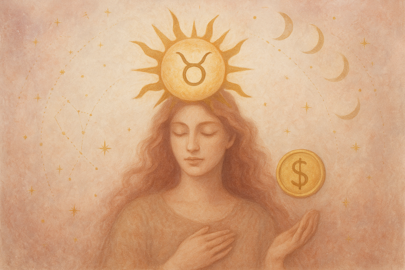 Ilustração etérea nova era com o Sol em Touro, tons pasteis, detalhes dourados e textura terrosa, energia feminina e mística.