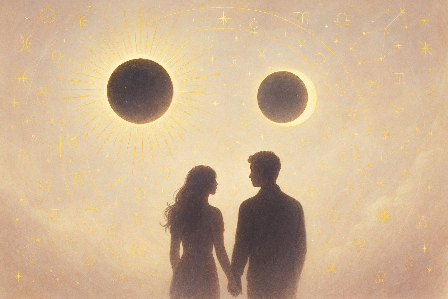 Ilustração etérea new age sobre eclipses e sinastria, tons pastéis e detalhes dourados, atmosfera mística