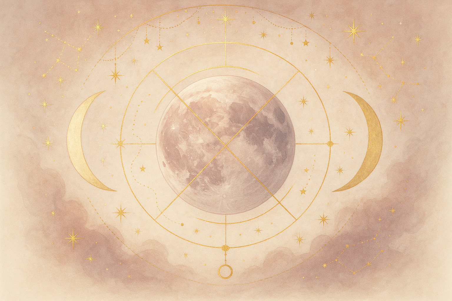 Ilustração etérea da Lua natal em quadratura com planeta — cura emocional