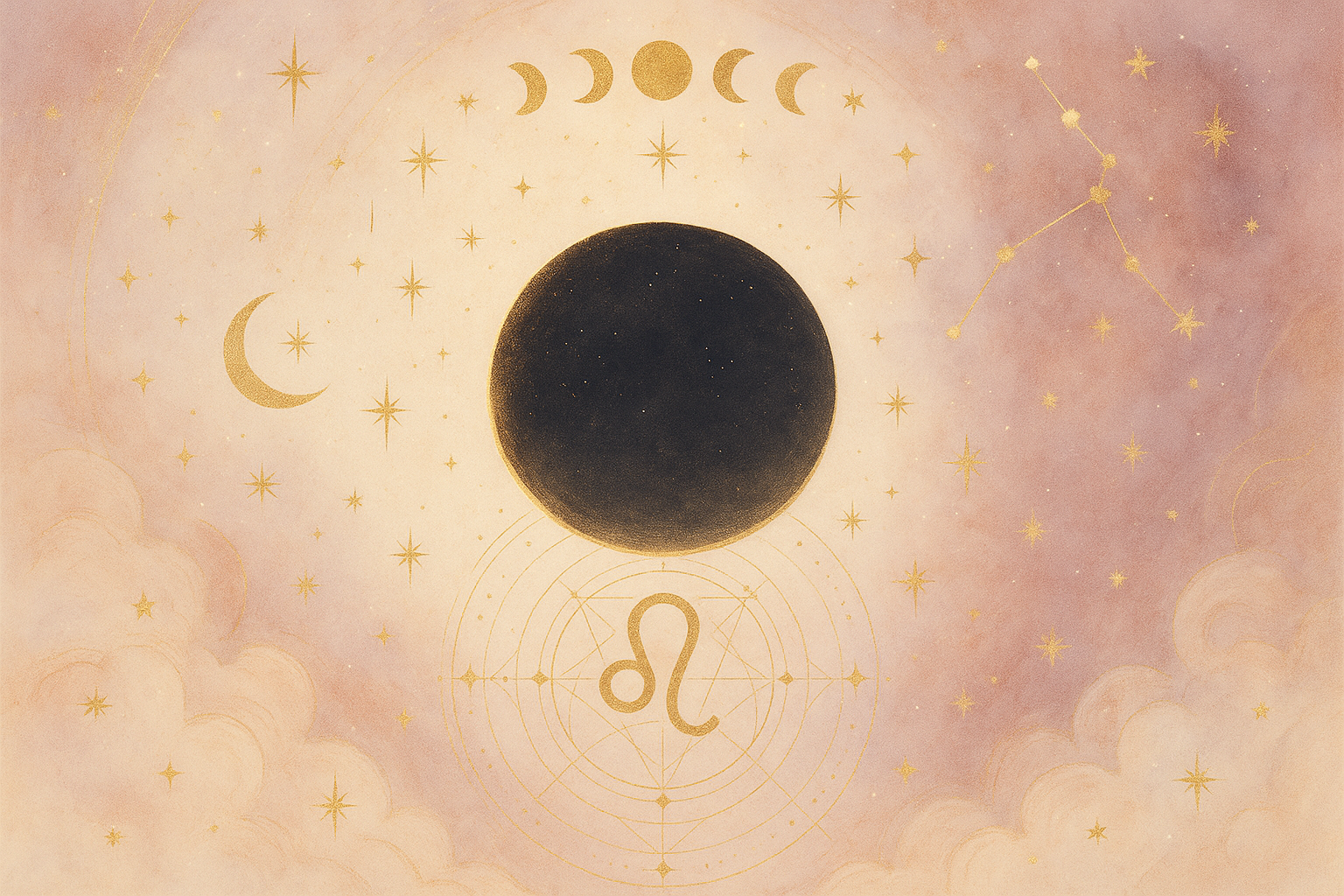Ilustração etérea New Age mostrando Lua Nova e Nodo Norte em Leão, tons pastel e detalhes dourados, estilo místico