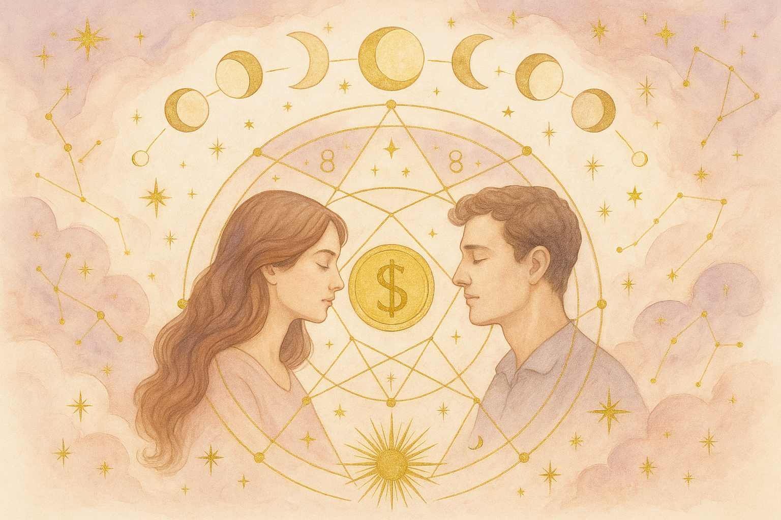 Ilustração etérea em tons pastéis com elementos místicos e símbolos astrológicos dourados, transmitindo espiritualidade e prosperidade.