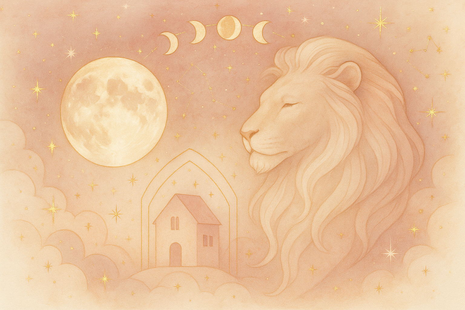 Ilustração etérea da Lua em Leão, tons pastéis e detalhes dourados, atmosfera mística e acolhedora para guia lunar.