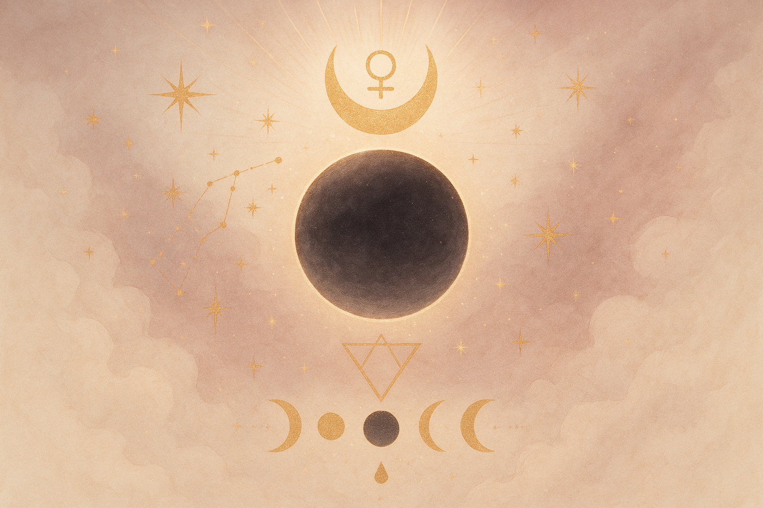 Ilustração etérea de Lua Nova em conjunção com Nodo Norte, tons pastéis e detalhes dourados, energia feminina e mística