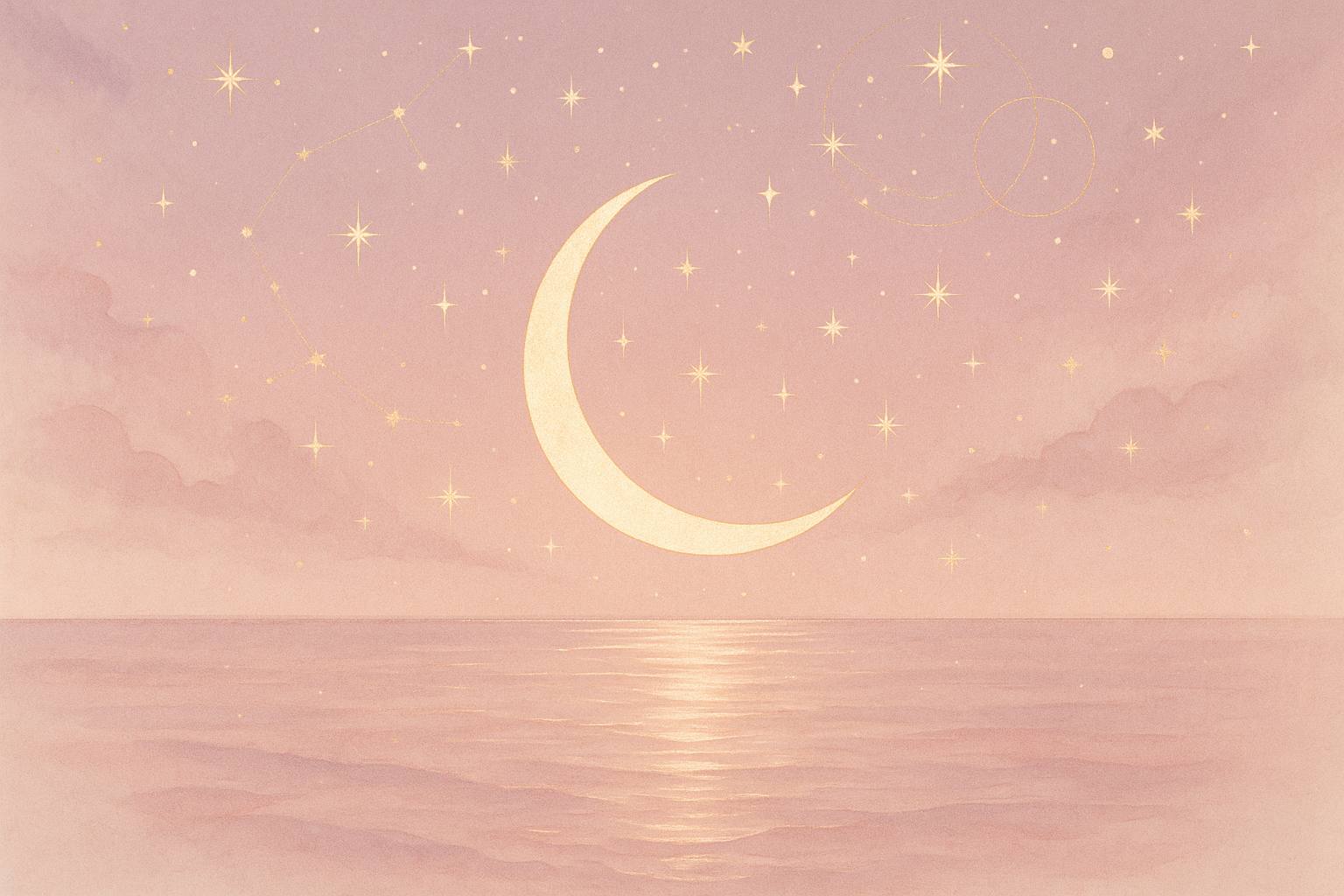 Ilustração etérea de astrologia Nova Era: lua crescente suave em tons pastel com detalhes dourados, simbolizando intenção e despertar (lua crescente hoje 1 maio 2026).