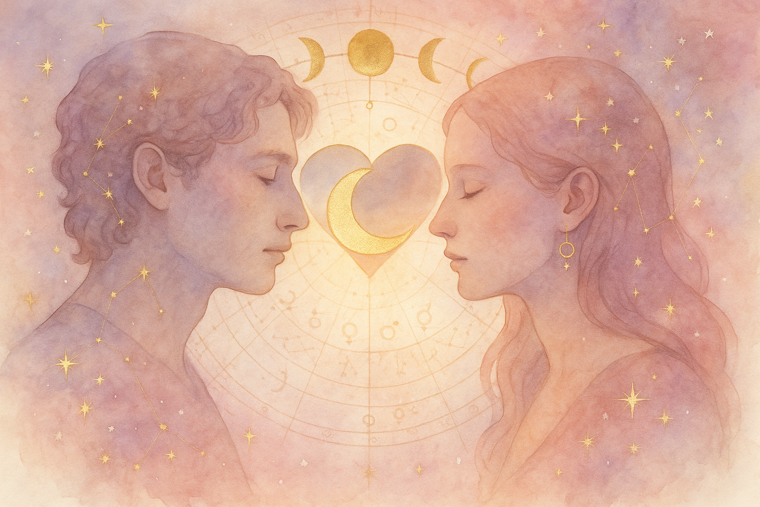 Ilustração etérea em tons pastéis com elementos astrológicos, estética feminina brasileira, simbolizando sinastria emocional pela Metodologia Astrologia da Nova Era