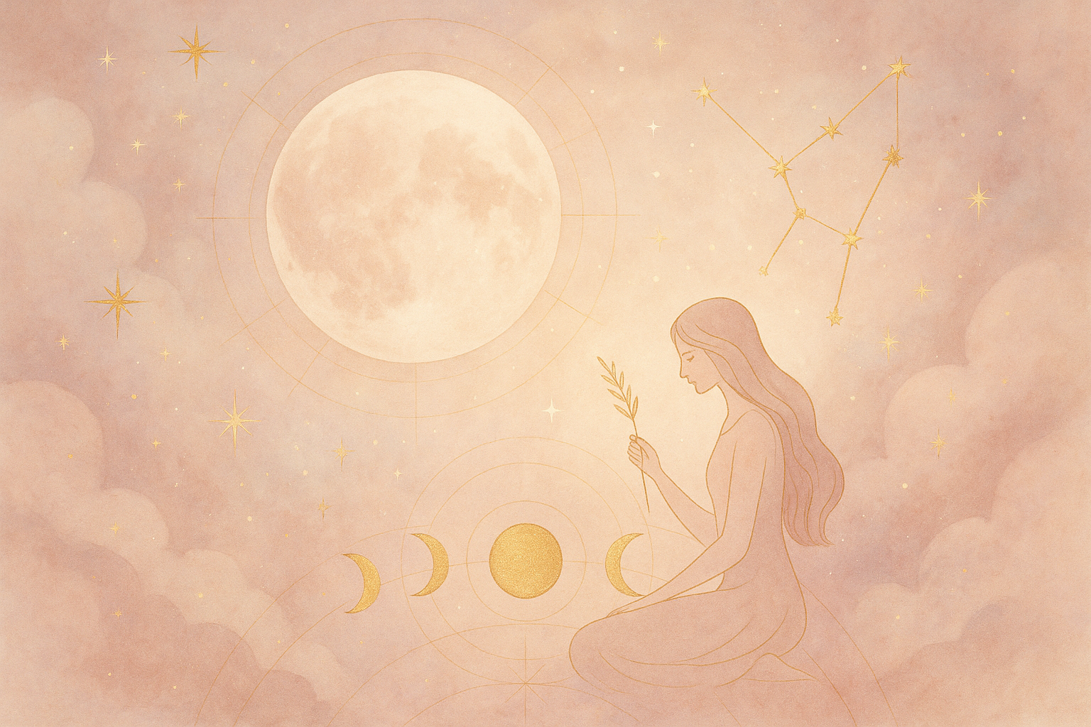 Ilustração etérea de astrologia nova era com tons pastéis e detalhes dourados, Lua e símbolos astrológicos (95 chars)