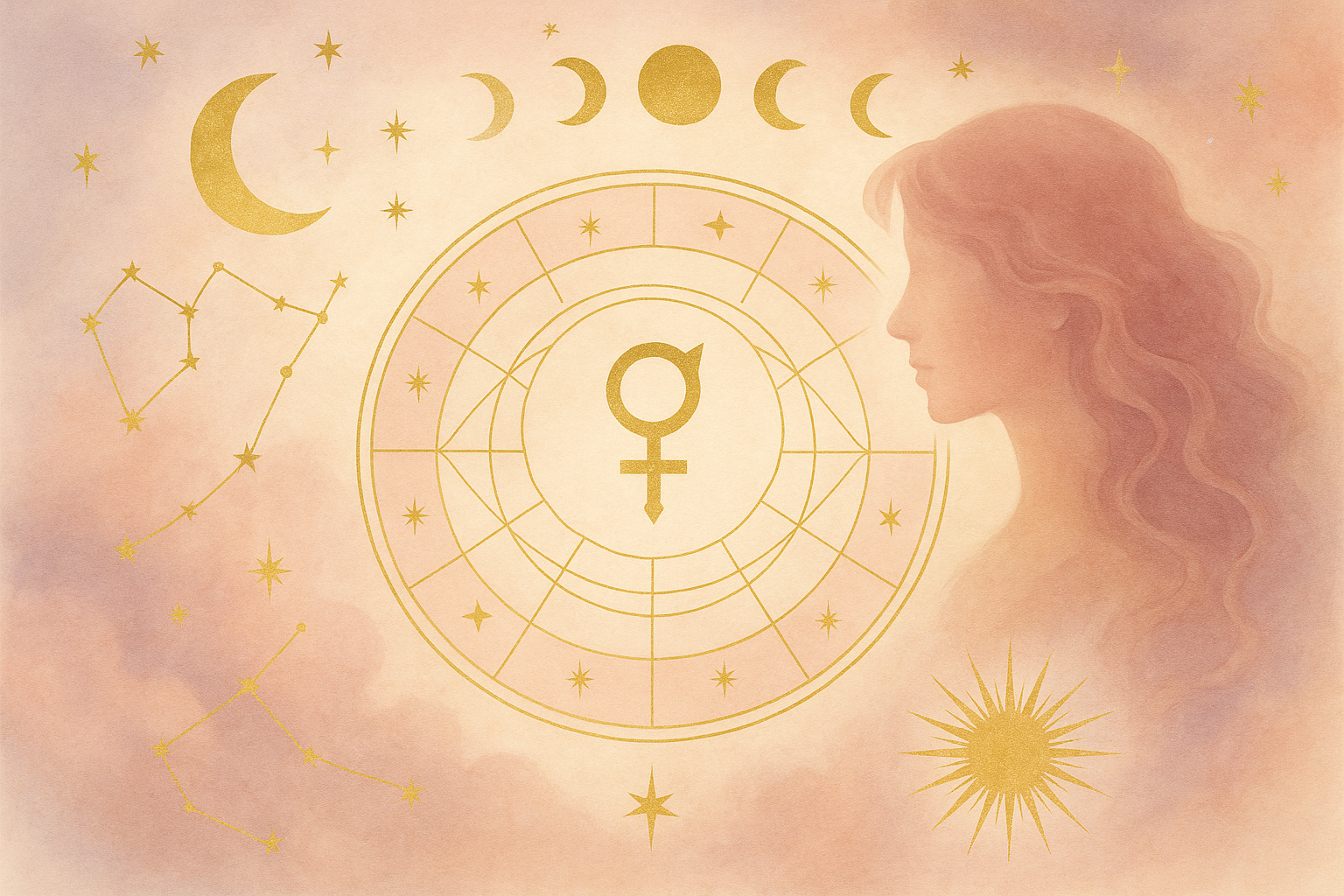 Ilustração etérea de astrologia nova era, tons pastéis e detalhes dourados, símbolo do Nodo Norte e mapa astral ao fundo, estilo místico