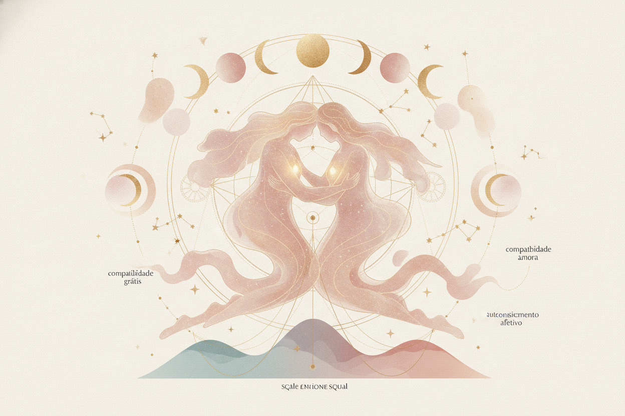 Ilustração etérea de astrologia da nova era com cores pastel suaves e detalhes dourados, mostrando mãos de um casal se tocando suavemente em meio a corpos celestes e uma galáxia, simbolizando conexão e propósito nos relacionamentos.