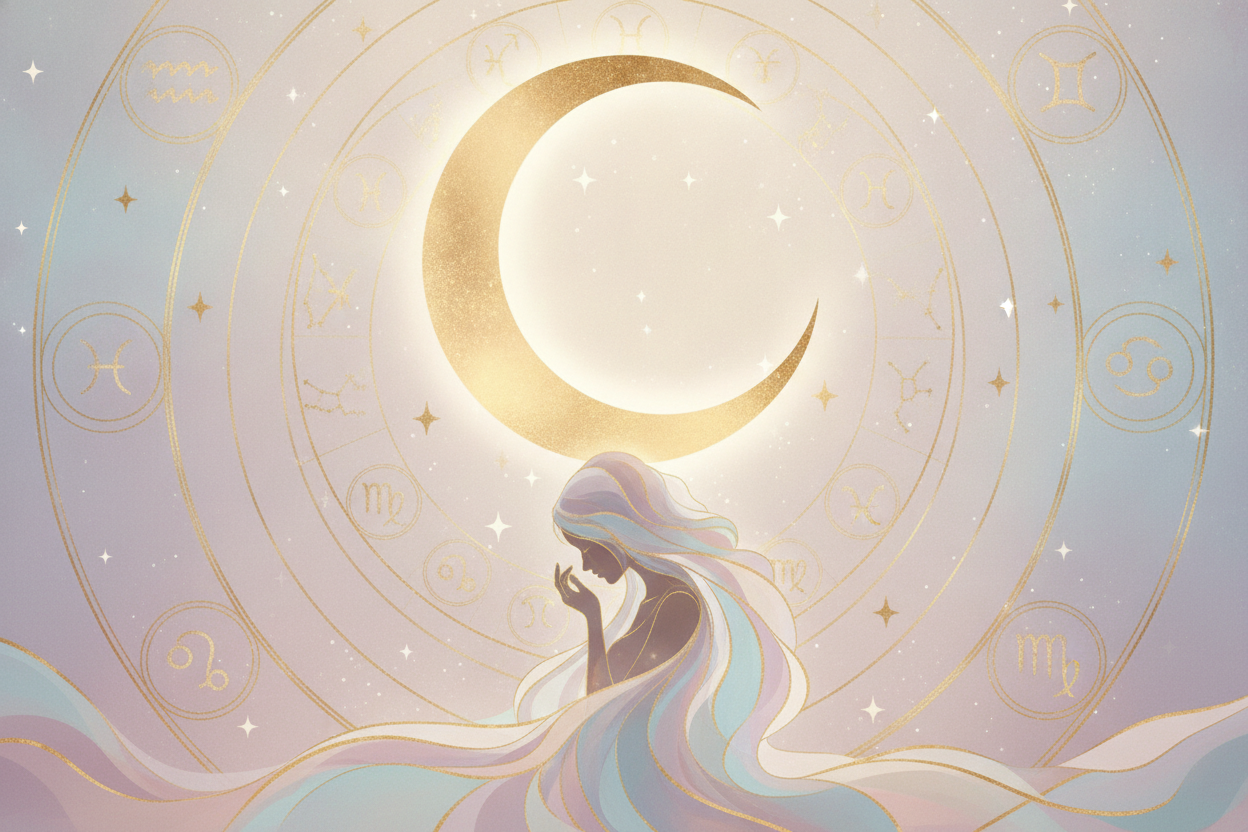 Ilustração etérea de astrologia Nova Era com lua crescente, símbolos celestes e cores pastéis suaves, representando a sensibilidade emocional.