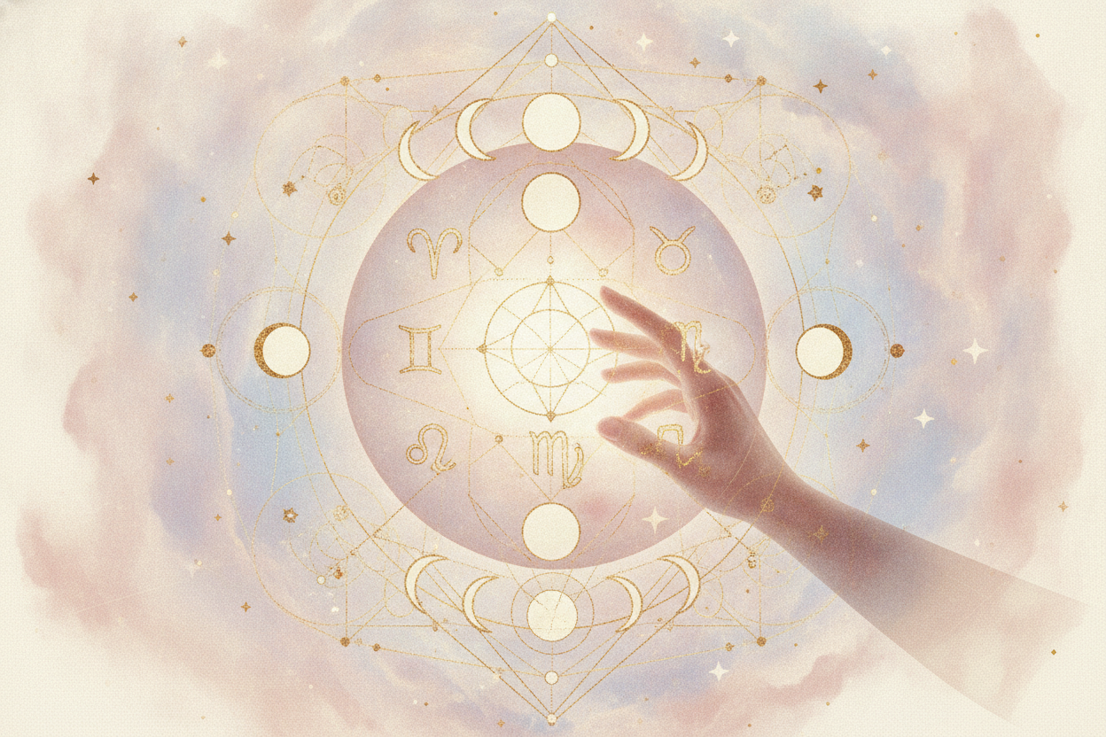 Ilustração etérea de astrologia da Nova Era com cores pastel suaves, detalhes em dourado, um símbolo estilizado de Vênus no centro de uma bússola celestial, cercado por estrelas cintilantes e uma nébula suave, representando orientação e autodescoberta.