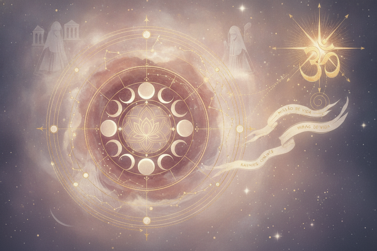 Ilustração etérea de astrologia nova era com uma mulher meditando sob um céu estrelado, símbolos astrológicos e energia dourada, tons pastéis e místicos para mapa astral kármico.
