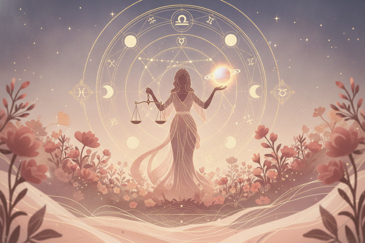 Ilustração etérea de Vênus em Libra 2026, com balança cósmica, símbolo de Vênus e tons pastéis, representando amor e equilíbrio.