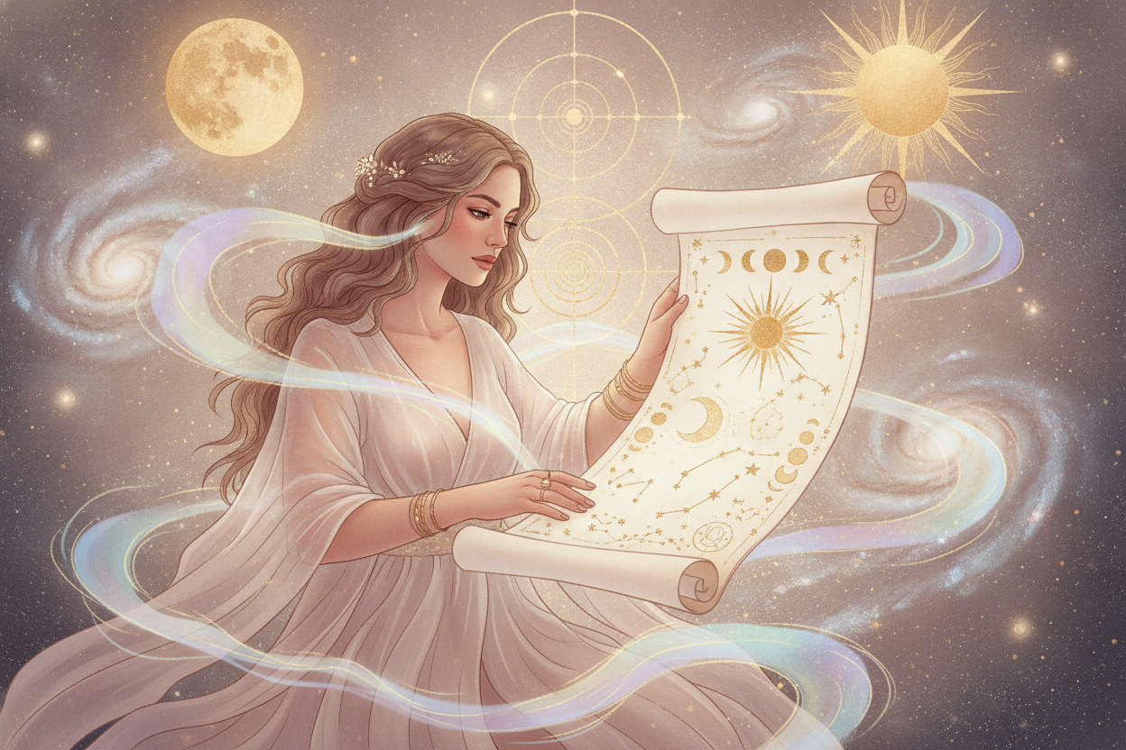Ilustração etérea de uma mulher de olhos fechados, com constelações e símbolos astrológicos flutuando suavemente ao redor de sua cabeça, em tons pastel com detalhes dourados, transmitindo paz e autoconhecimento.