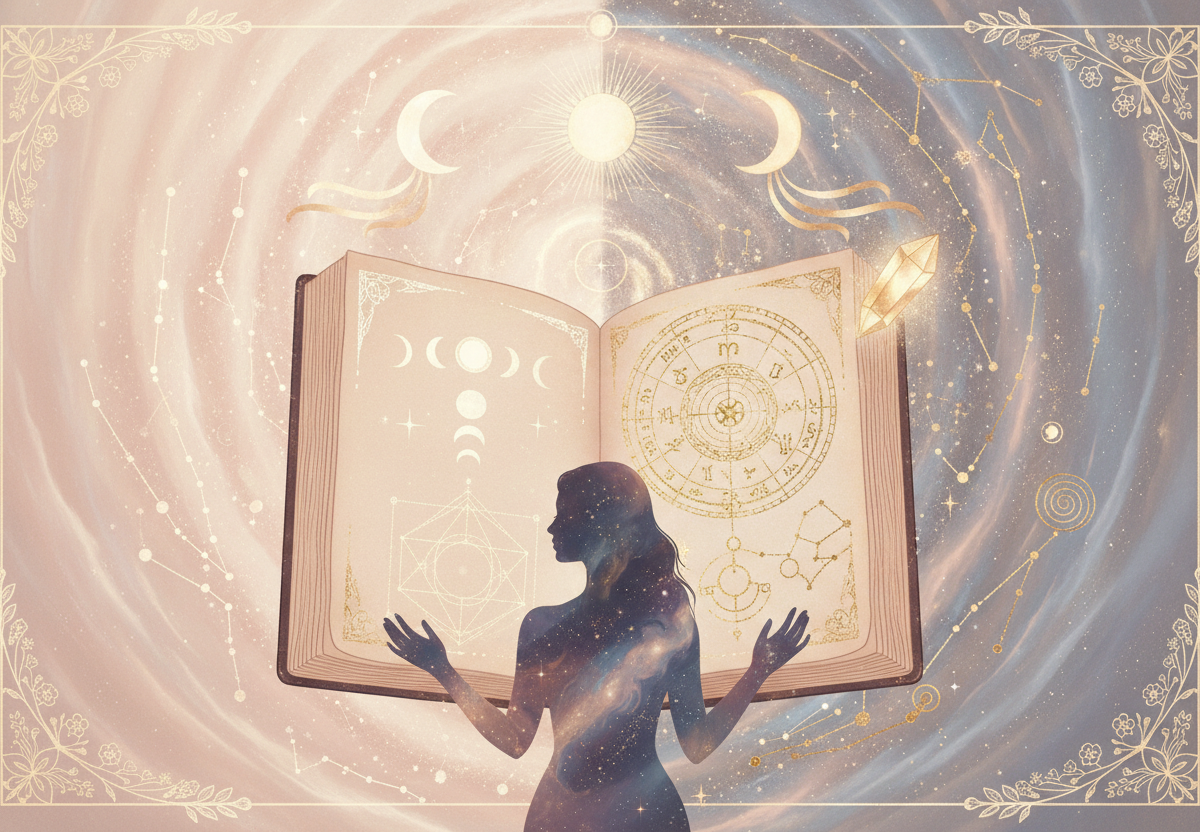 Ilustração etérea de astrologia da nova era, com cores suaves e detalhes em dourado, mostrando a diferença entre um mapa astral fragmentado e um mapa integrado e brilhante, simbolizando a profundidade do autoconhecimento.