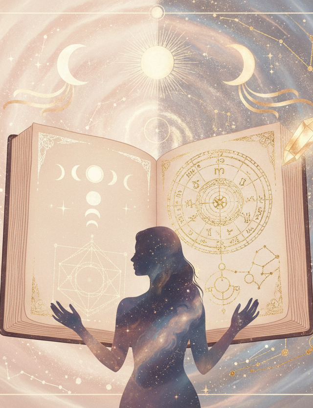 Ilustração etérea de astrologia da nova era, com cores suaves e detalhes em dourado, mostrando a diferença entre um mapa astral fragmentado e um mapa integrado e brilhante, simbolizando a profundidade do autoconhecimento.