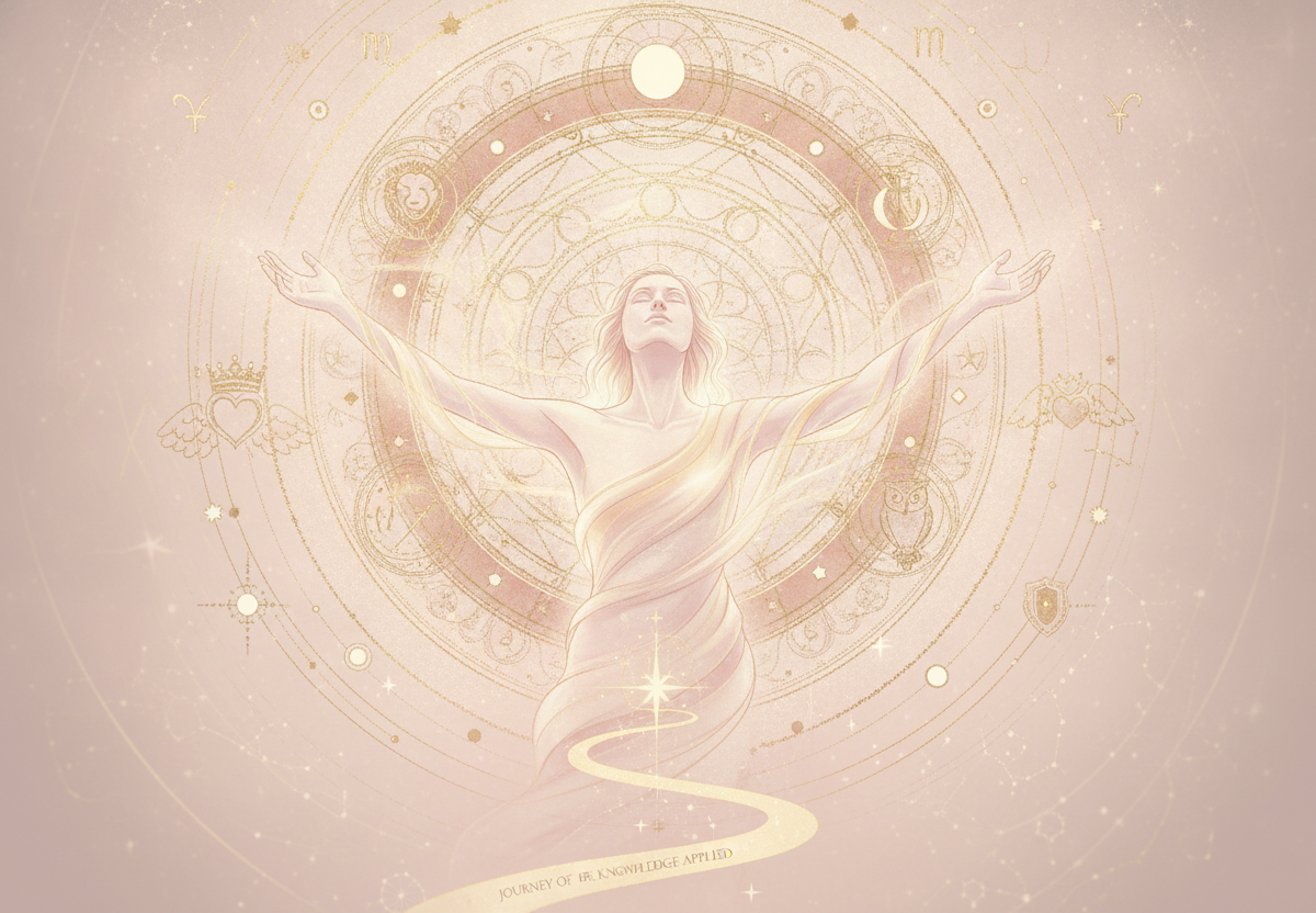 Ilustração etérea de um mapa astral com símbolos junguianos e constelações, em tons pastel e dourados, representando a jornada da alma e o autoconhecimento através da Astrologia da Nova Era.