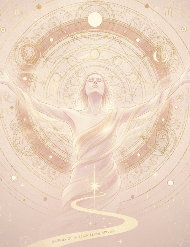 Ilustração etérea de um mapa astral com símbolos junguianos e constelações, em tons pastel e dourados, representando a jornada da alma e o autoconhecimento através da Astrologia da Nova Era.