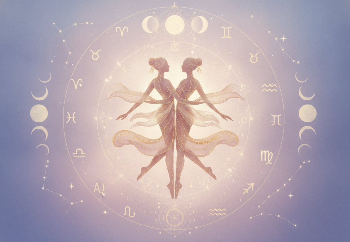 Ilustração etérea de um casal se abraçando sob um céu estrelado, com símbolos astrológicos e cores suaves, representando o mapa astral amoroso e a conexão da alma.