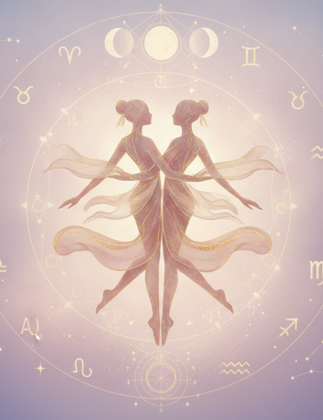 Ilustração etérea de um casal se abraçando sob um céu estrelado, com símbolos astrológicos e cores suaves, representando o mapa astral amoroso e a conexão da alma.
