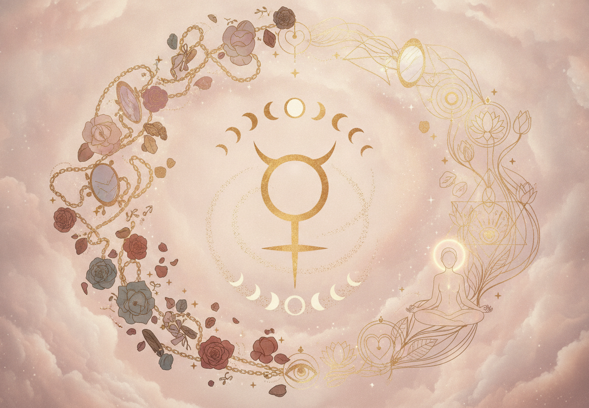 Ilustração etérea de Vênus retrógrado com cores pastel, dourado, energia mística, e uma silhueta feminina em reflexão